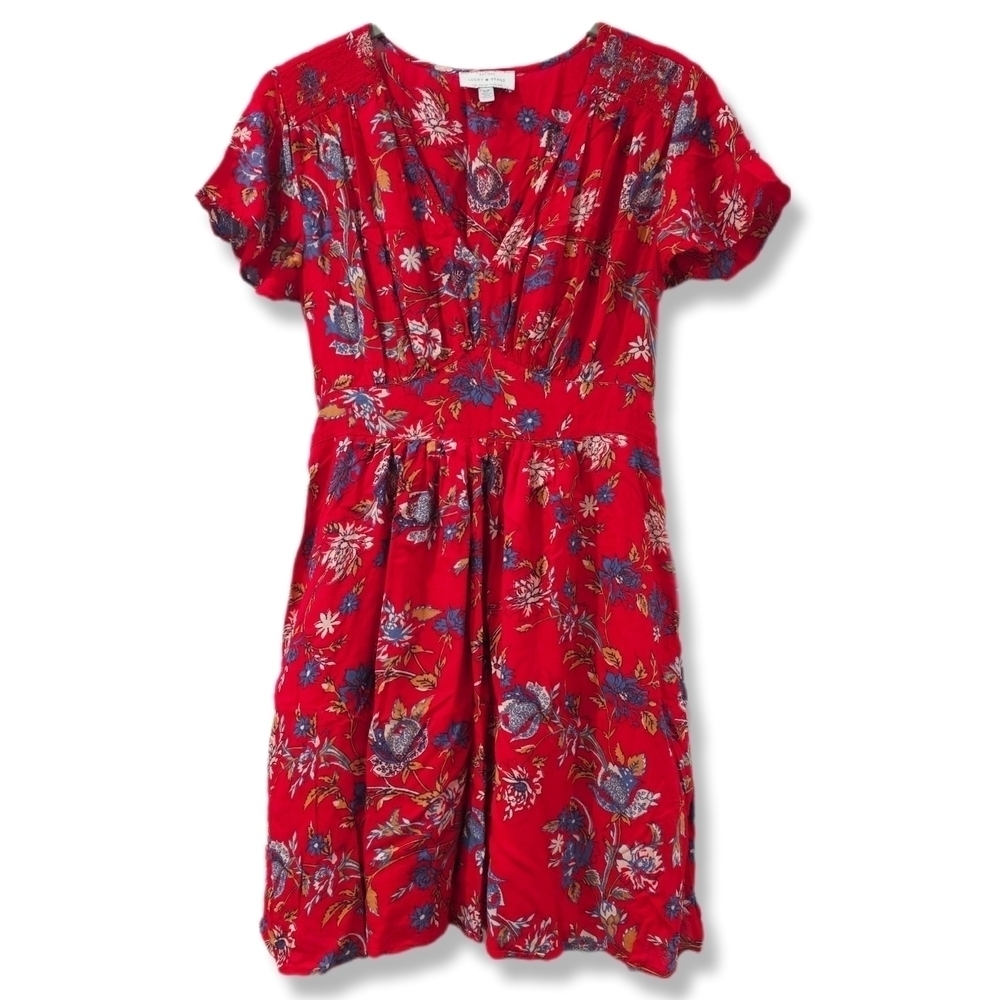 Lucky Brand Short Sleeve Vneck Mini Red Floral Dress, Tie Back, With Pockets